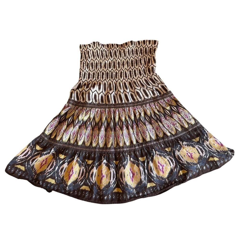 Y2K Speed Control Boho Print Brown Pink Smocked Top Mini Strapless Sun Dress Med